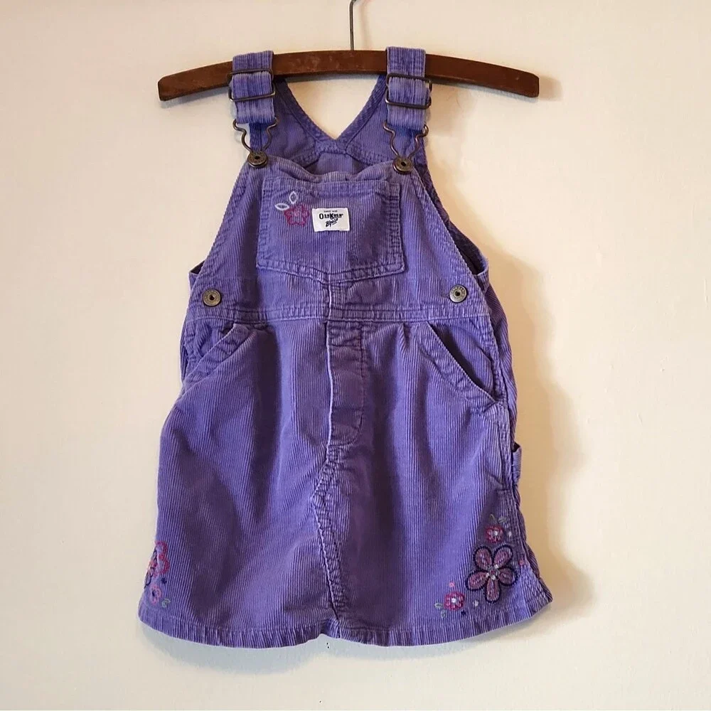 OshKosh B’Gosh Corduroy Overalls Purple Dress Sz 24mos Embroidered Flowers Y2K